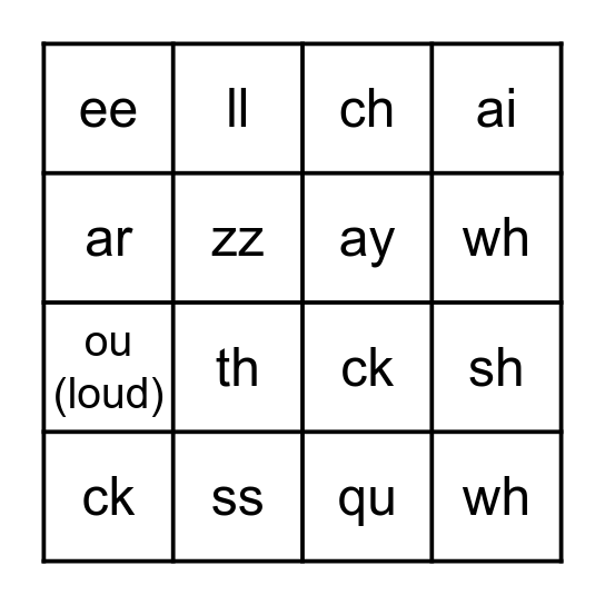 Digraph Bingo Card