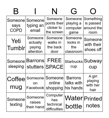 Classroom Bingo Card