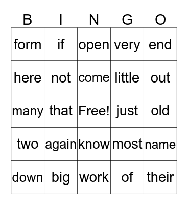 High Frequency Words Bingo Card