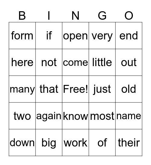 High Frequency Words Bingo Card