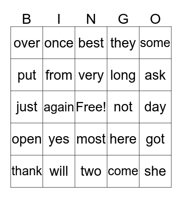 High Frequency Words Bingo Card
