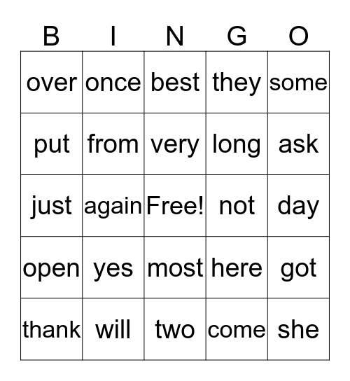 High Frequency Words Bingo Card