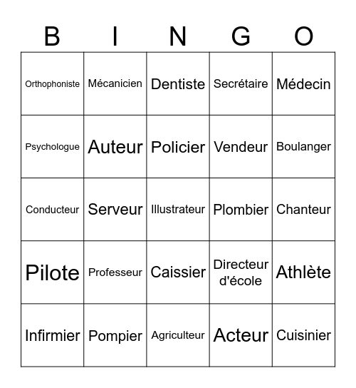Bingo des métiers Bingo Card