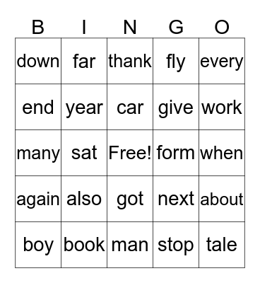 High Frequency Words Bingo Card