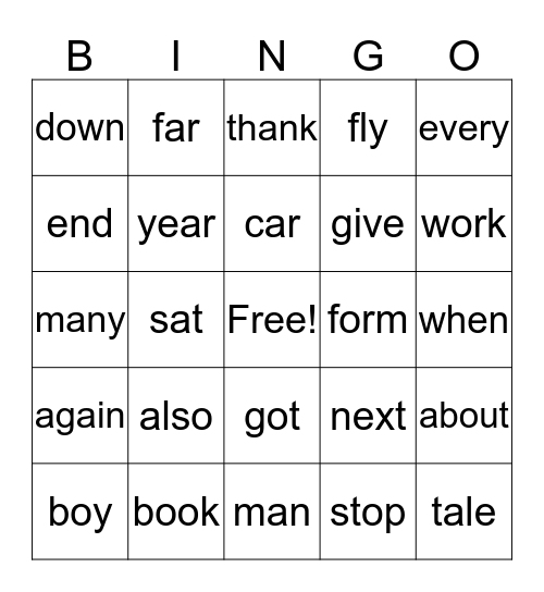 High Frequency Words Bingo Card