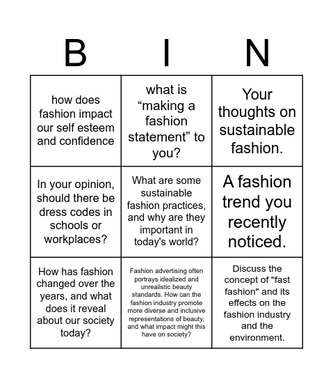 Fashion Discussion Bingo Card