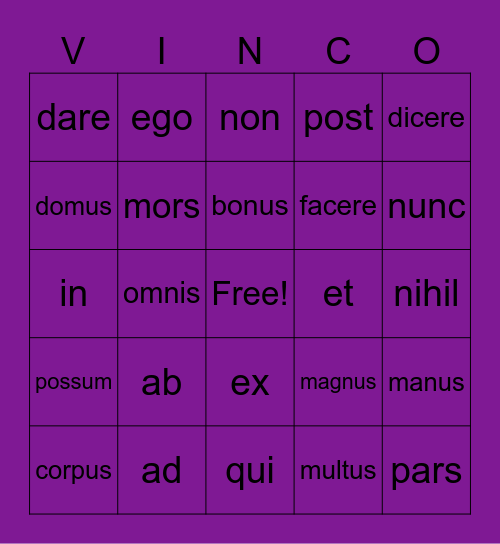 Most Popular Latin Words Bingo Card