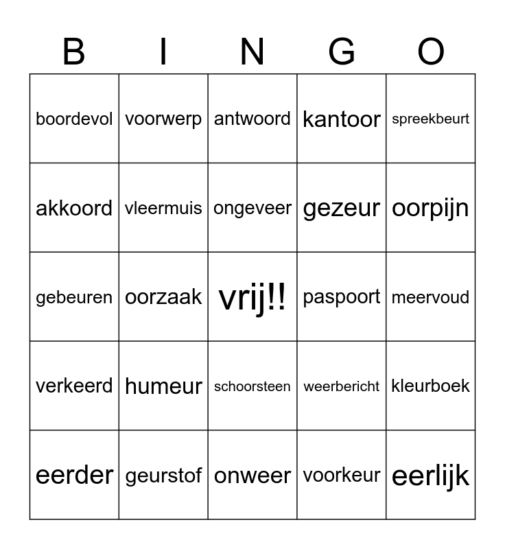 eer-oor-eur Bingo Card