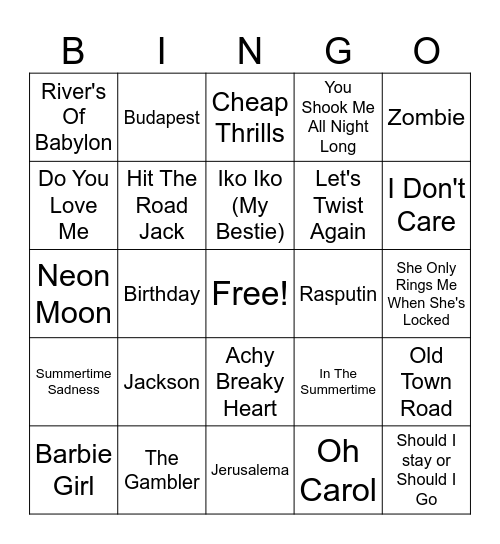 Mix Music Bingo Card