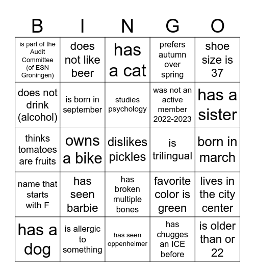 Active Member's Social Bingo Card