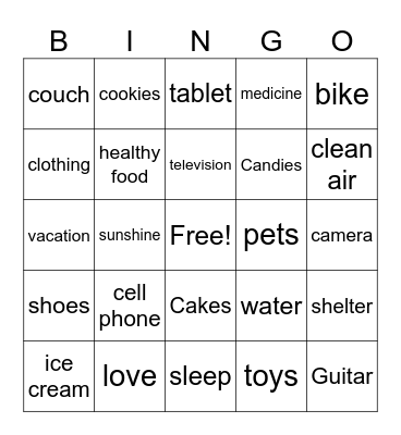 Needs and Wants Bingo Card