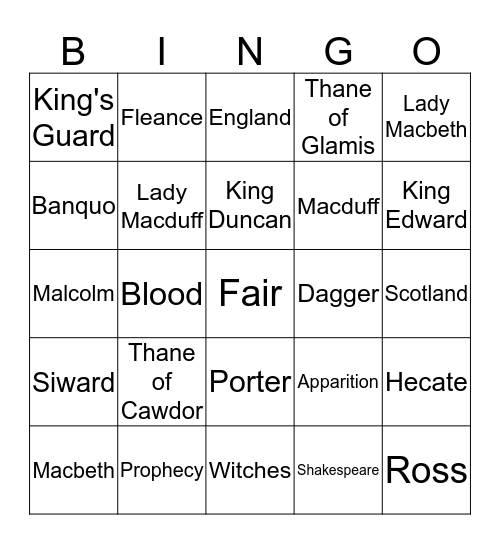 Macbeth Bingo Card