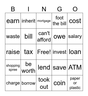 Spend or Save Bingo Card