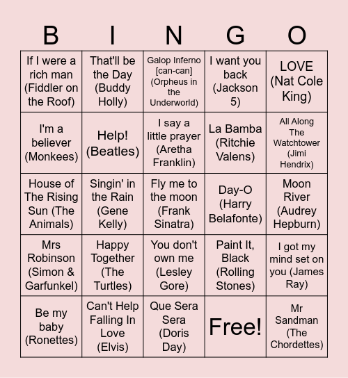 50s & 60s Bingo Card