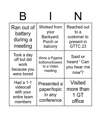 GT Vehicle Team Bingo Card