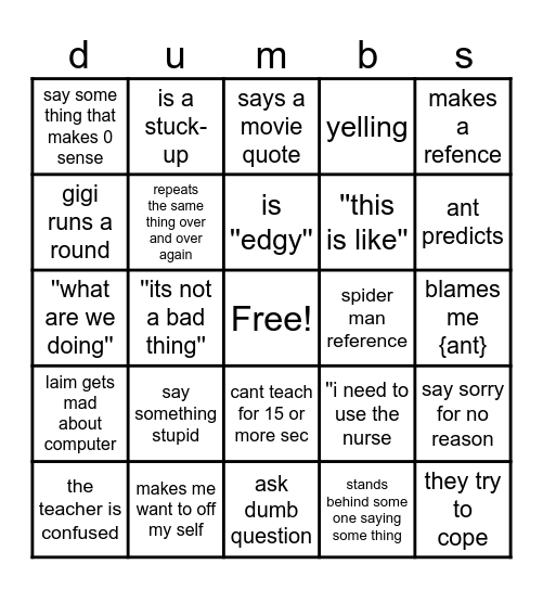 dumbass bingo Card