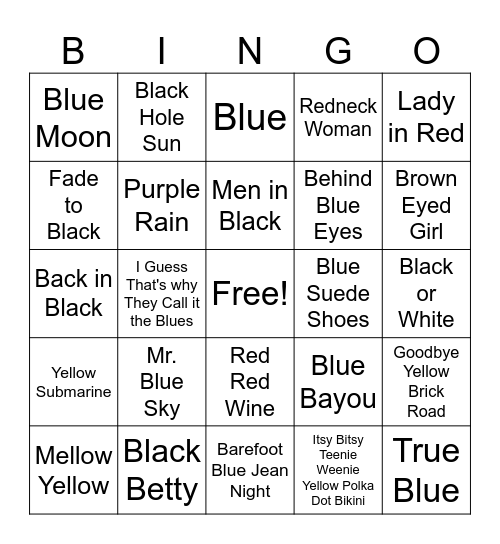 Songs with Colors in the Title Bingo Card