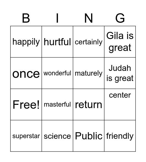 Judah's Bingo Card