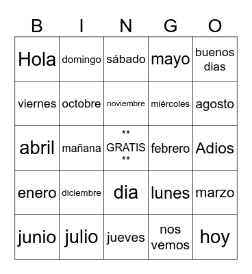Spanish 1 - calendario Bingo Card