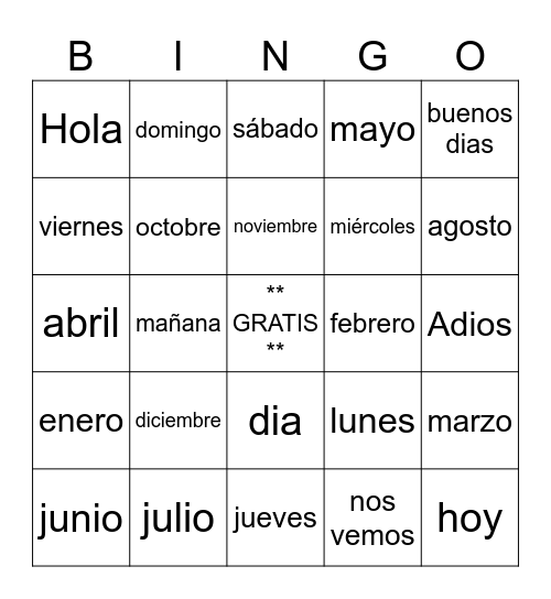 Spanish 1 - calendario Bingo Card