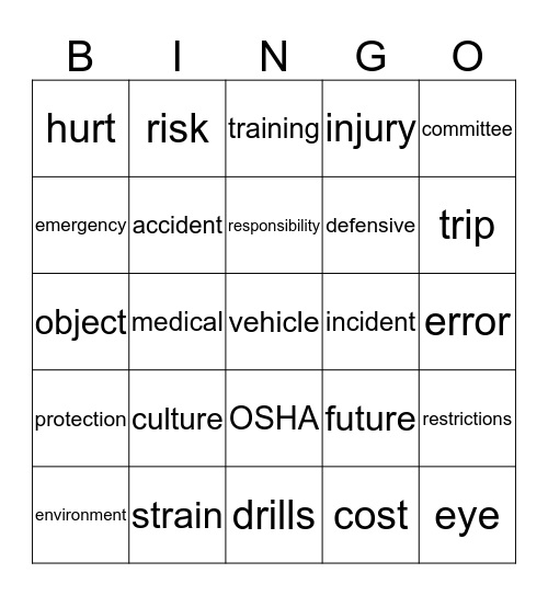 2016 All Employee Safety Meeting Bingo Card