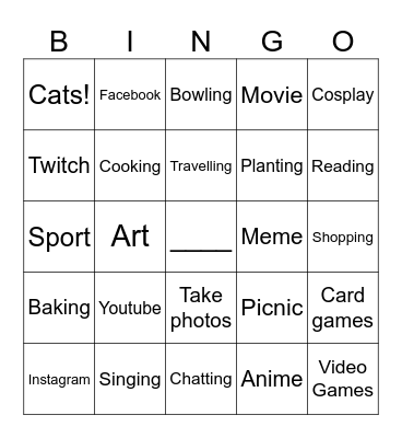 What you like to do Bingo Card