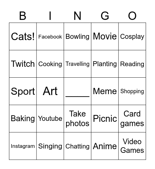 What you like to do Bingo Card