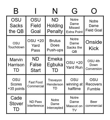 OSU vs ND Bingo Card