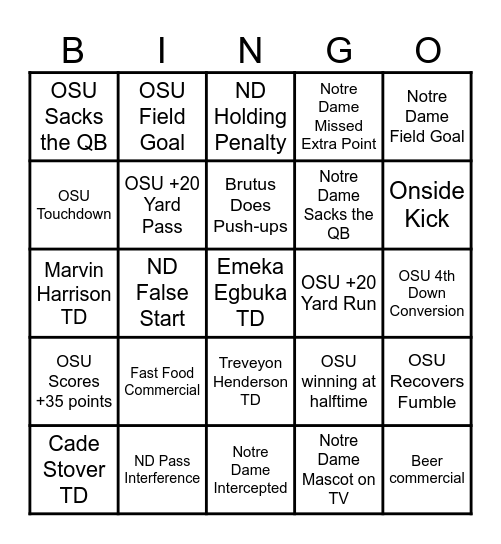 OSU vs ND Bingo Card