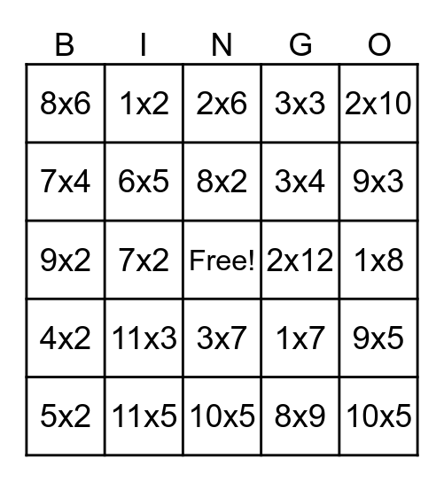 MULTIPLICATION! B I N G O! Bingo Card
