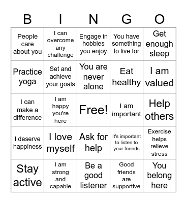 Suicide Prevention Bingo Card