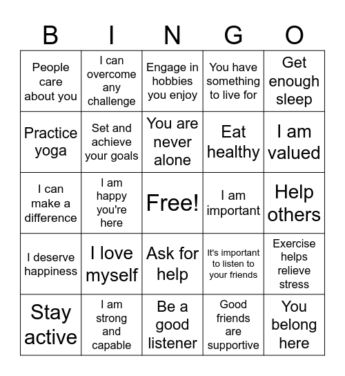 Suicide Prevention Bingo Card