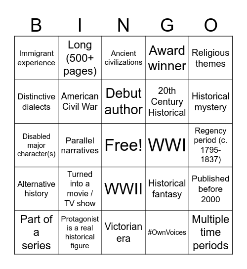 Historical Fiction Bingo Card