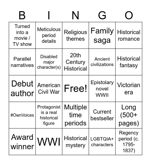 Historical Fiction Bingo Card