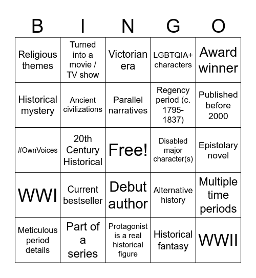 Historical Fiction Bingo Card