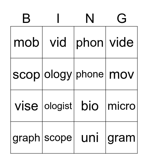 Morphemes Practice Bingo Card