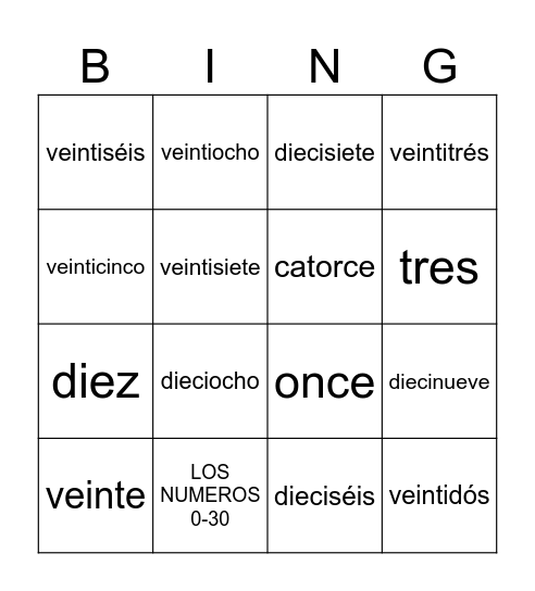 LOS NUMEROS 0-30 Bingo Card