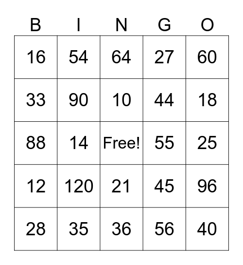 Multiplication Bingo Card