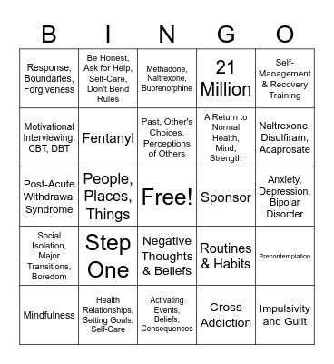 Recovery Concepts Bingo Card