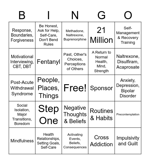 Recovery Concepts Bingo Card