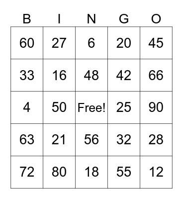 Multiplication Bingo Card