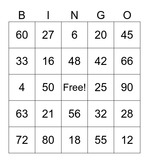 Multiplication Bingo Card