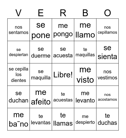 Reflexive Verbs Bingo Card