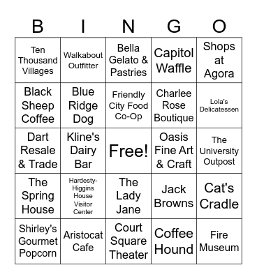 Downtown Harrisonburg Bingo Card