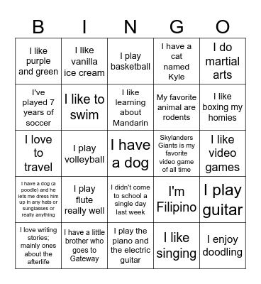 4th Period BINGO Card