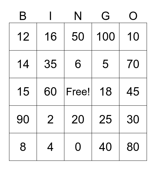 Multiplication Bingo Card
