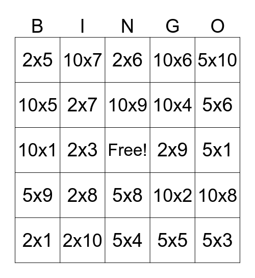 Multiplication Bingo Card