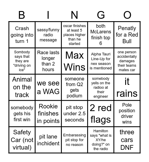 F1 Bingp Bingo Card