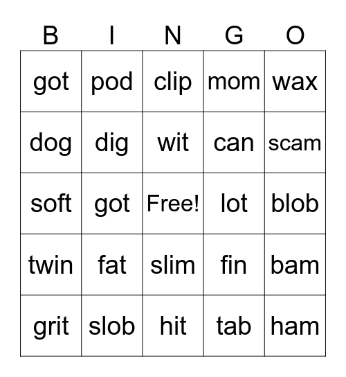 Lesson 38a Bingo Card