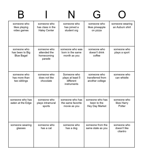 Cambridge Dinner Bingo Card